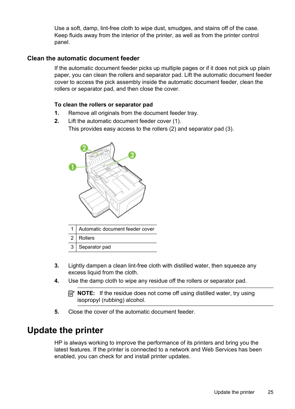 Clean the automatic document feeder, Update the printer | HP Officejet 6600 e-All-in-One Printer - H711a H711g User Manual | Page 29 / 216