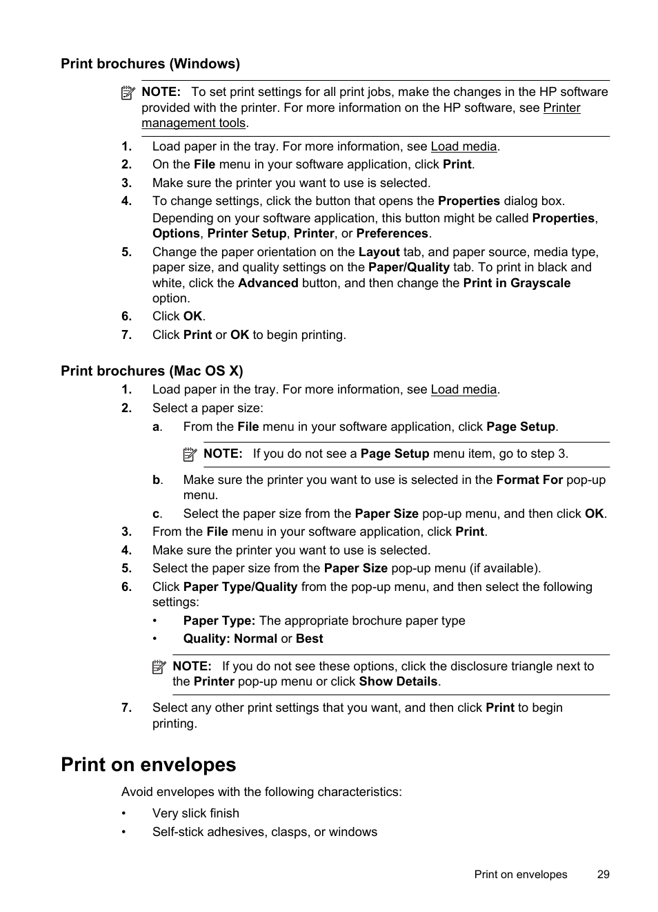 Print brochures (windows), Print brochures (mac os x), Print on envelopes | HP Officejet 6600 e-All-in-One Printer - H711a H711g User Manual | Page 33 / 216
