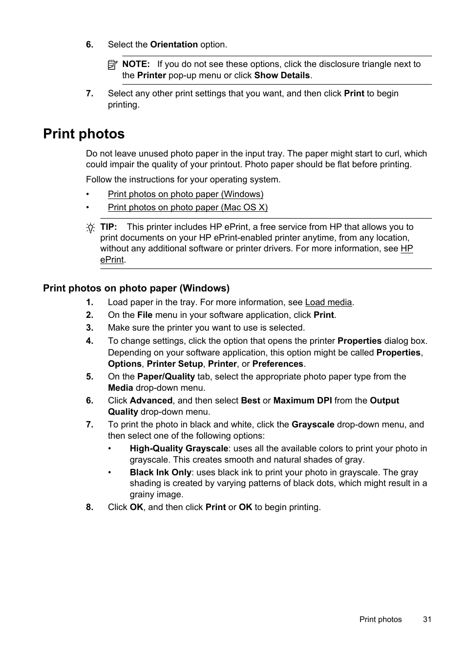 Print photos, Print photos on photo paper (windows) | HP Officejet 6600 e-All-in-One Printer - H711a H711g User Manual | Page 35 / 216