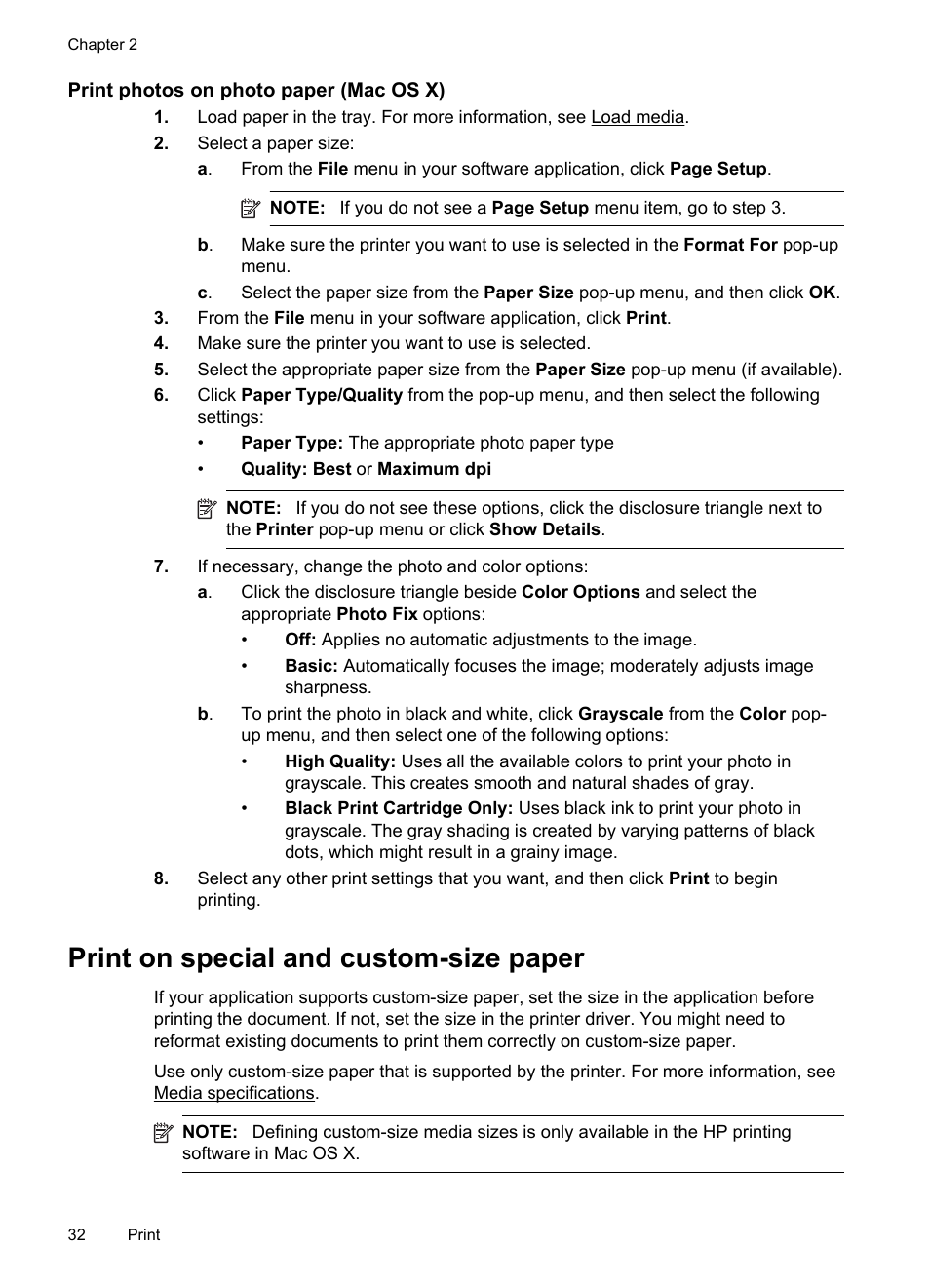 Print photos on photo paper (mac os x), Print on special and custom-size paper, Print on special or custom-size paper (mac os x) | HP Officejet 6600 e-All-in-One Printer - H711a H711g User Manual | Page 36 / 216