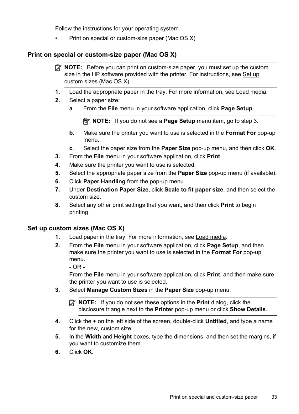 Print on special or custom-size paper (mac os x) | HP Officejet 6600 e-All-in-One Printer - H711a H711g User Manual | Page 37 / 216