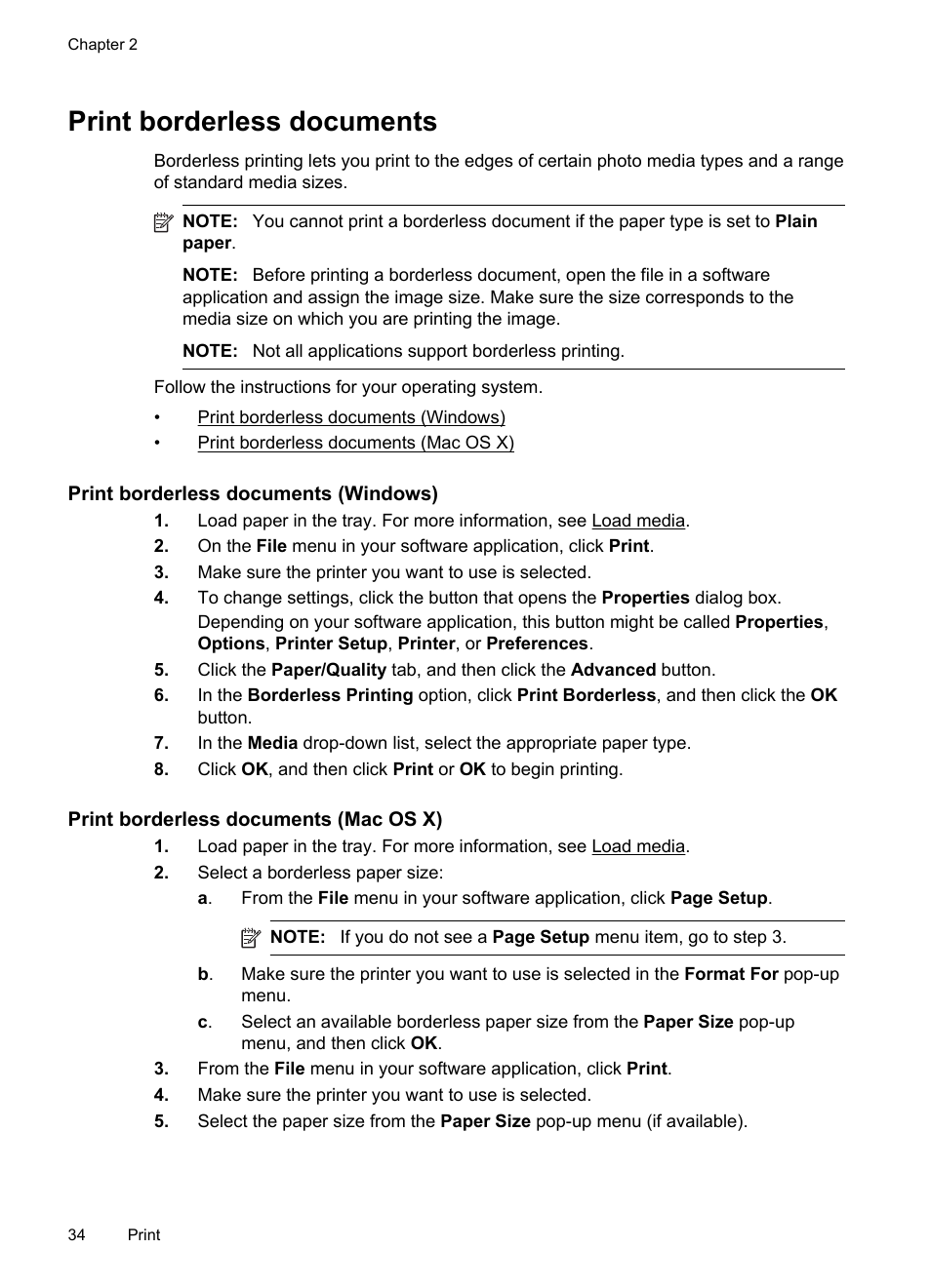 Print borderless documents, Print borderless documents (windows), Print borderless documents (mac os x) | HP Officejet 6600 e-All-in-One Printer - H711a H711g User Manual | Page 38 / 216