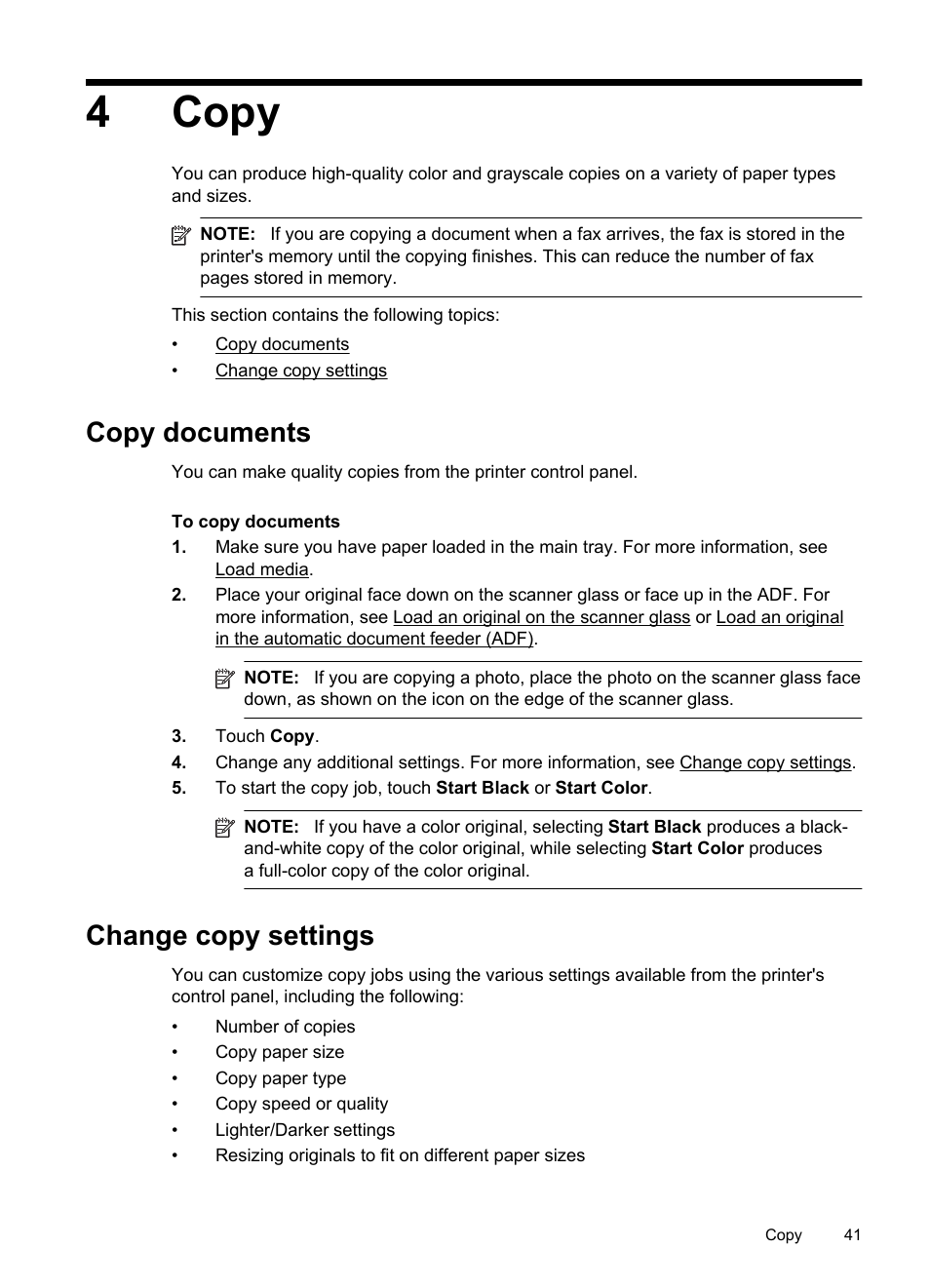 Copy, Copy documents, Change copy settings | Copy documents change copy settings, 4copy | HP Officejet 6600 e-All-in-One Printer - H711a H711g User Manual | Page 45 / 216