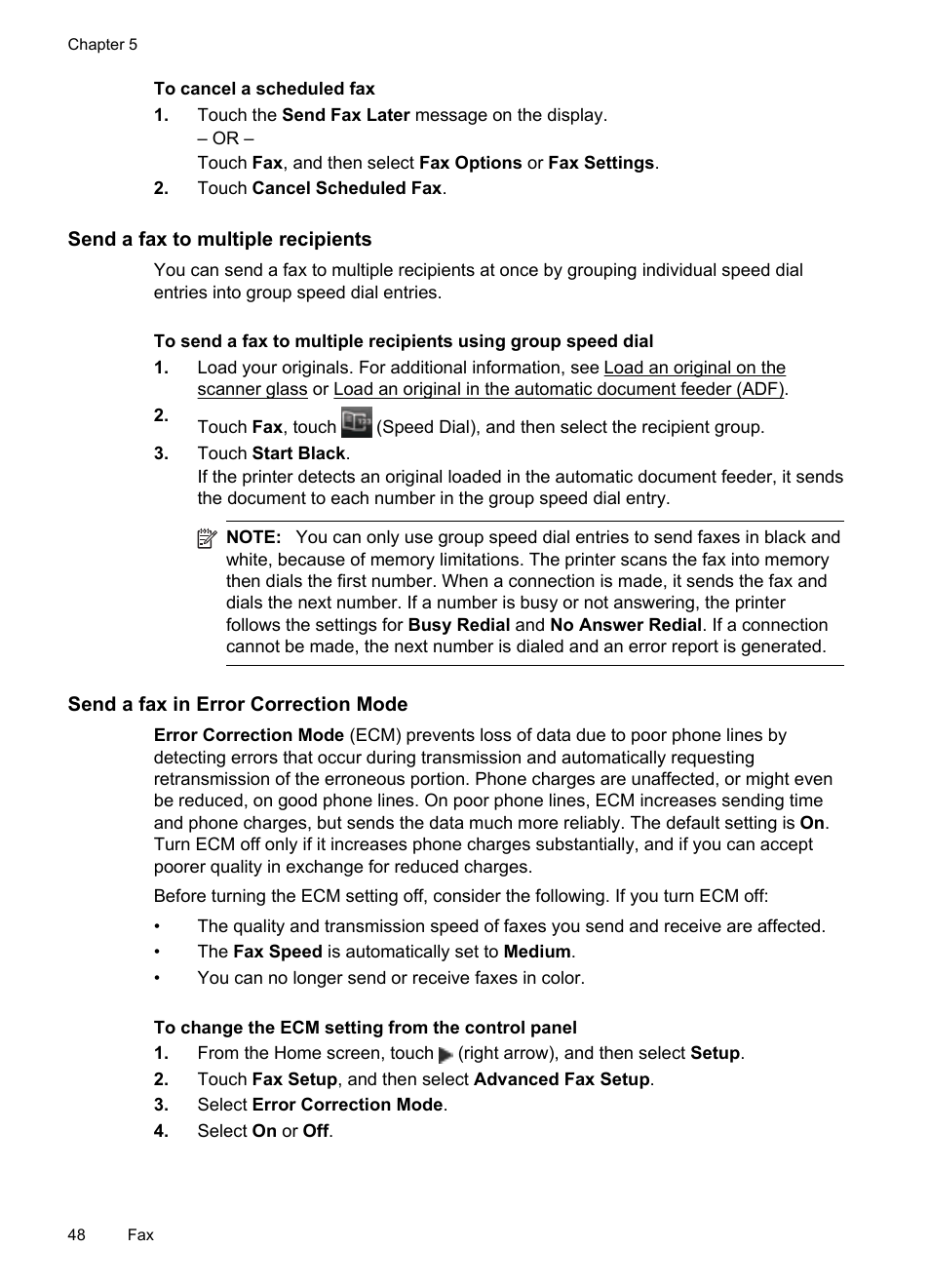 Send a fax to multiple recipients, Send a fax in error correction mode | HP Officejet 6600 e-All-in-One Printer - H711a H711g User Manual | Page 52 / 216