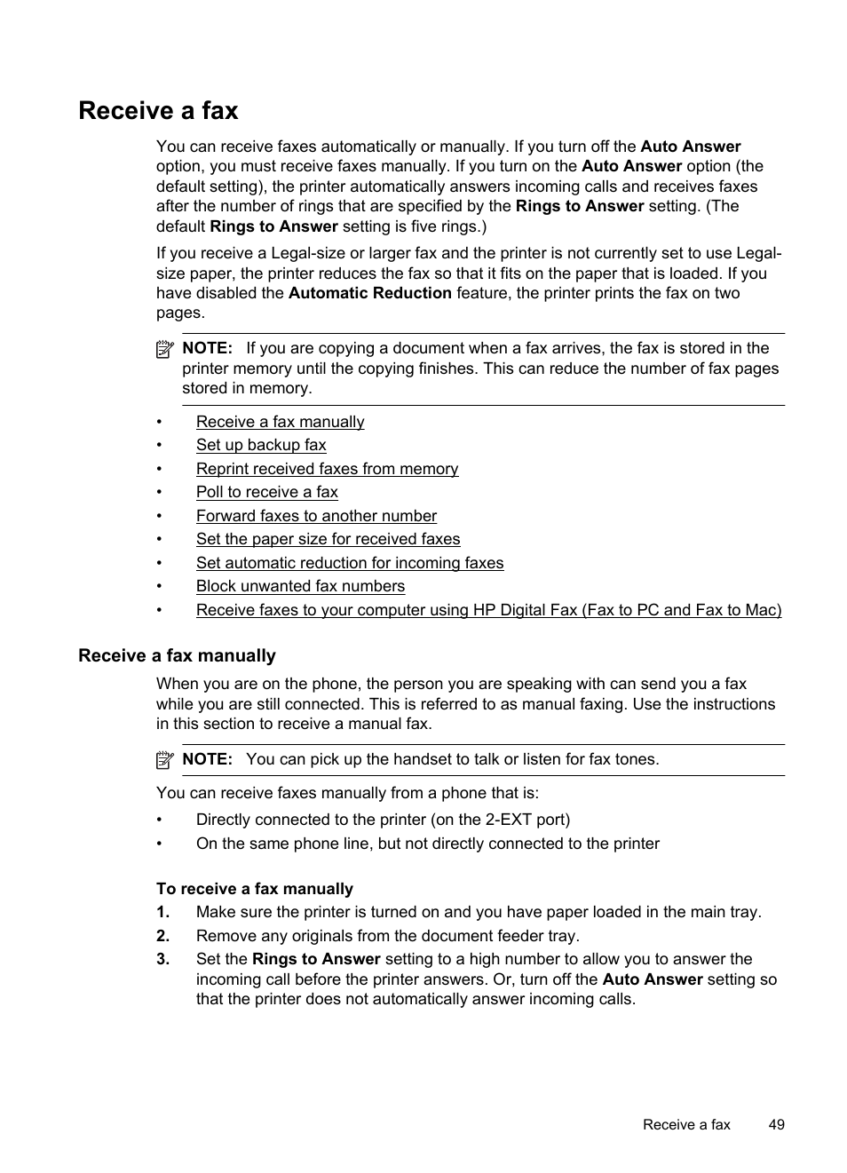 Receive a fax, Receive a fax manually | HP Officejet 6600 e-All-in-One Printer - H711a H711g User Manual | Page 53 / 216