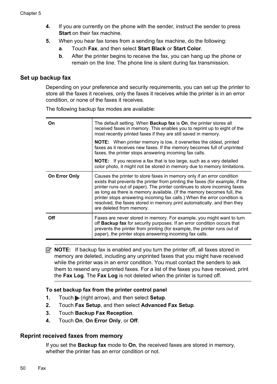 Set up backup fax, Reprint received faxes from memory | HP Officejet 6600 e-All-in-One Printer - H711a H711g User Manual | Page 54 / 216