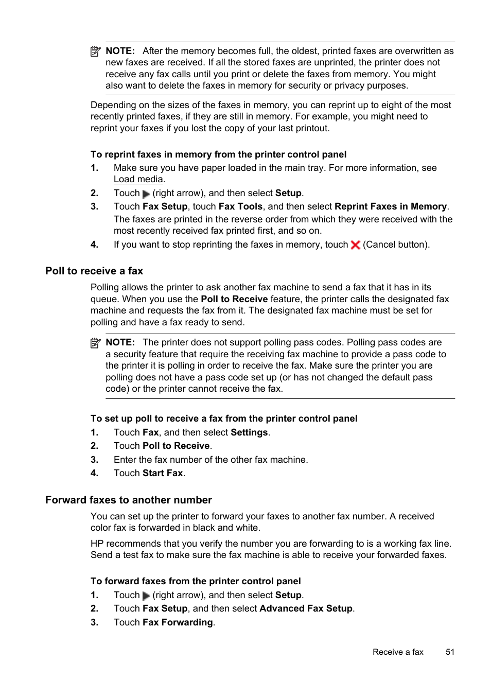 Poll to receive a fax, Forward faxes to another number | HP Officejet 6600 e-All-in-One Printer - H711a H711g User Manual | Page 55 / 216