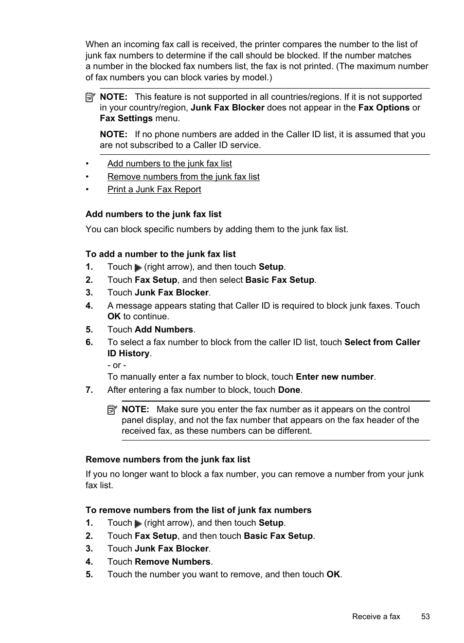 Add numbers to the junk fax list, Remove numbers from the junk fax list | HP Officejet 6600 e-All-in-One Printer - H711a H711g User Manual | Page 57 / 216