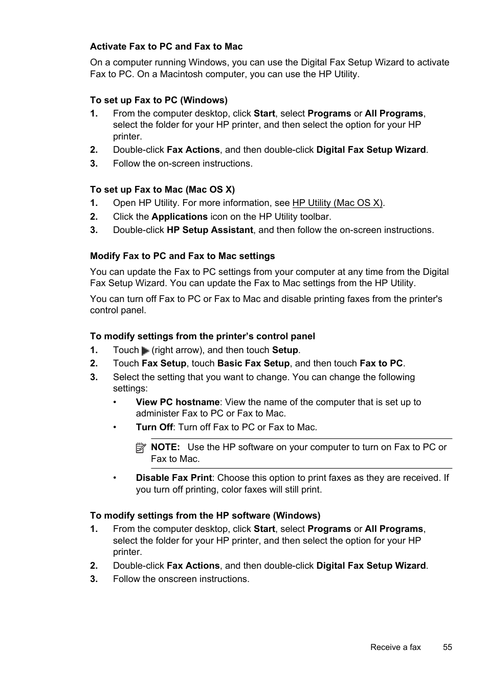 Activate fax to pc and fax to mac, Modify fax to pc and fax to mac settings | HP Officejet 6600 e-All-in-One Printer - H711a H711g User Manual | Page 59 / 216
