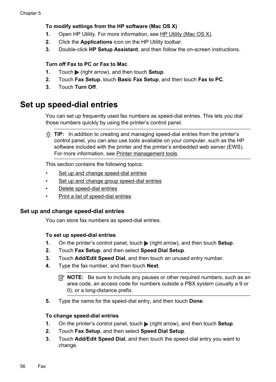 Set up speed-dial entries, Set up and change speed-dial entries | HP Officejet 6600 e-All-in-One Printer - H711a H711g User Manual | Page 60 / 216