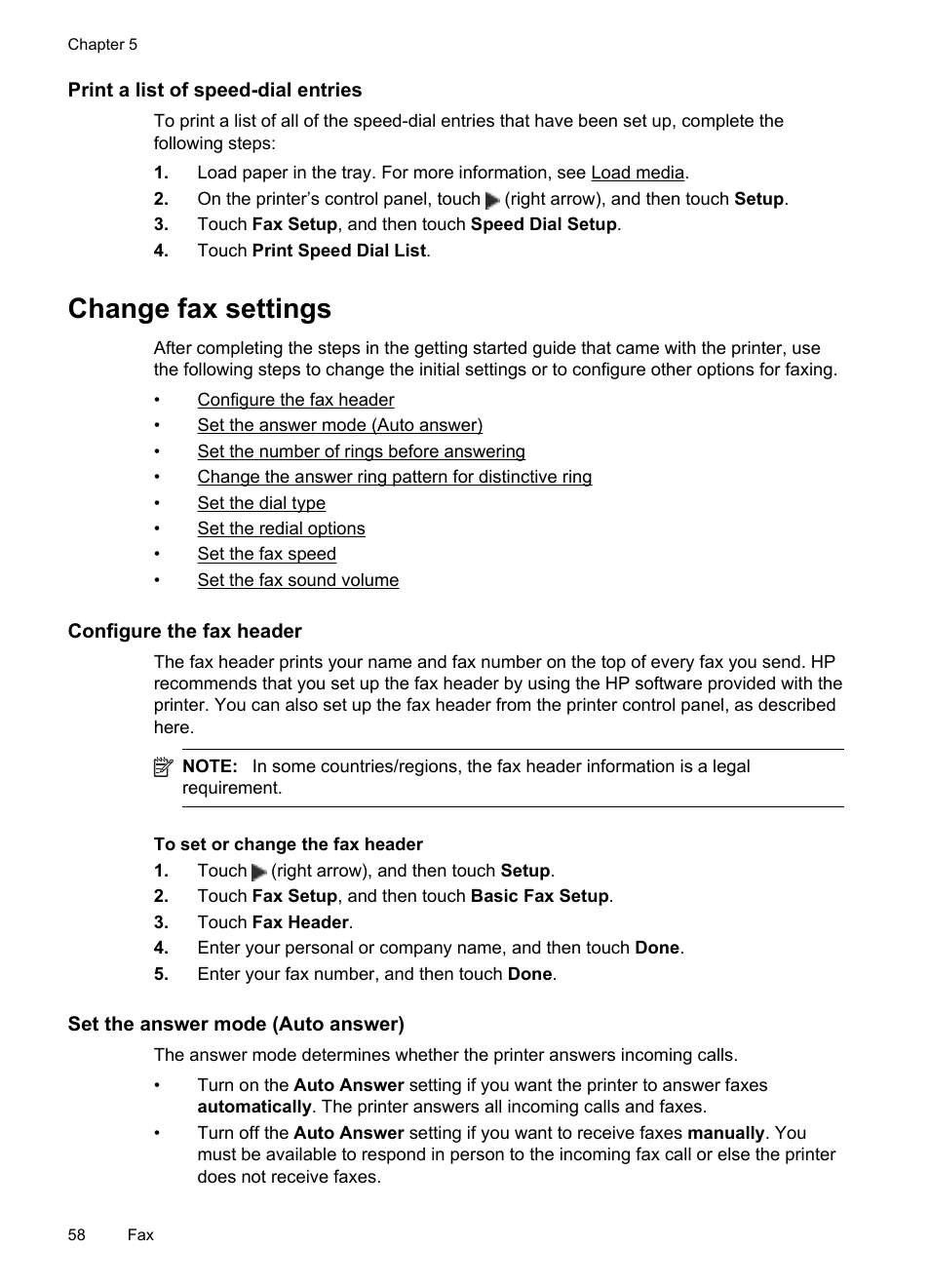 Print a list of speed-dial entries, Change fax settings, Configure the fax header | Set the answer mode (auto answer), E set the answer mode (auto answer) | HP Officejet 6600 e-All-in-One Printer - H711a H711g User Manual | Page 62 / 216