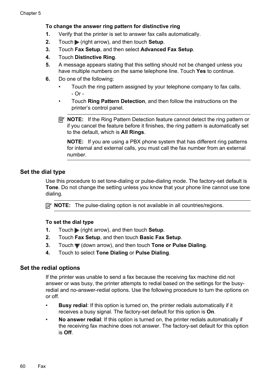 Set the dial type, Set the redial options | HP Officejet 6600 e-All-in-One Printer - H711a H711g User Manual | Page 64 / 216