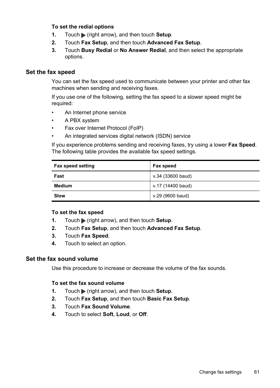 Set the fax speed, Set the fax sound volume | HP Officejet 6600 e-All-in-One Printer - H711a H711g User Manual | Page 65 / 216
