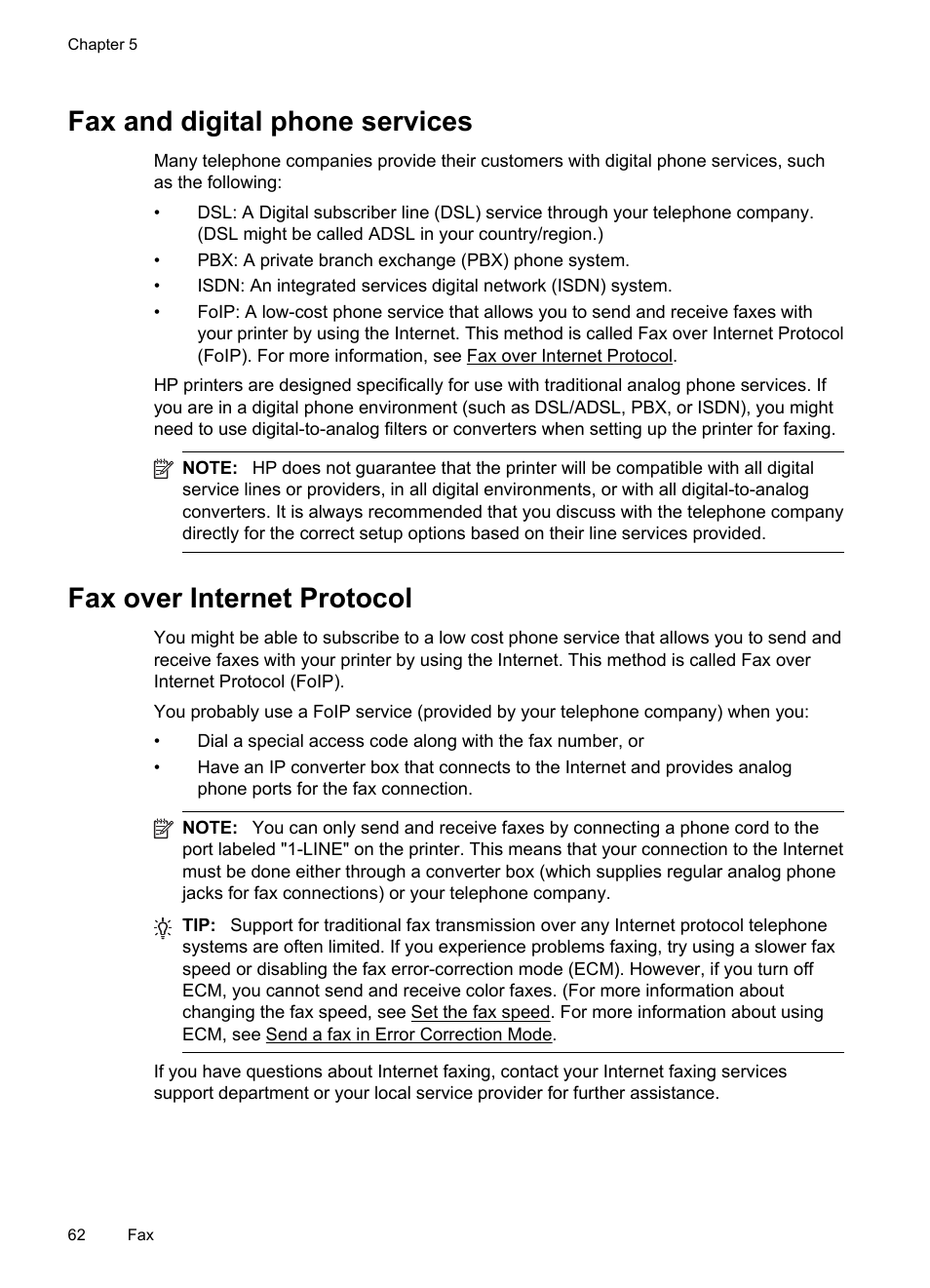 Fax and digital phone services, Fax over internet protocol | HP Officejet 6600 e-All-in-One Printer - H711a H711g User Manual | Page 66 / 216