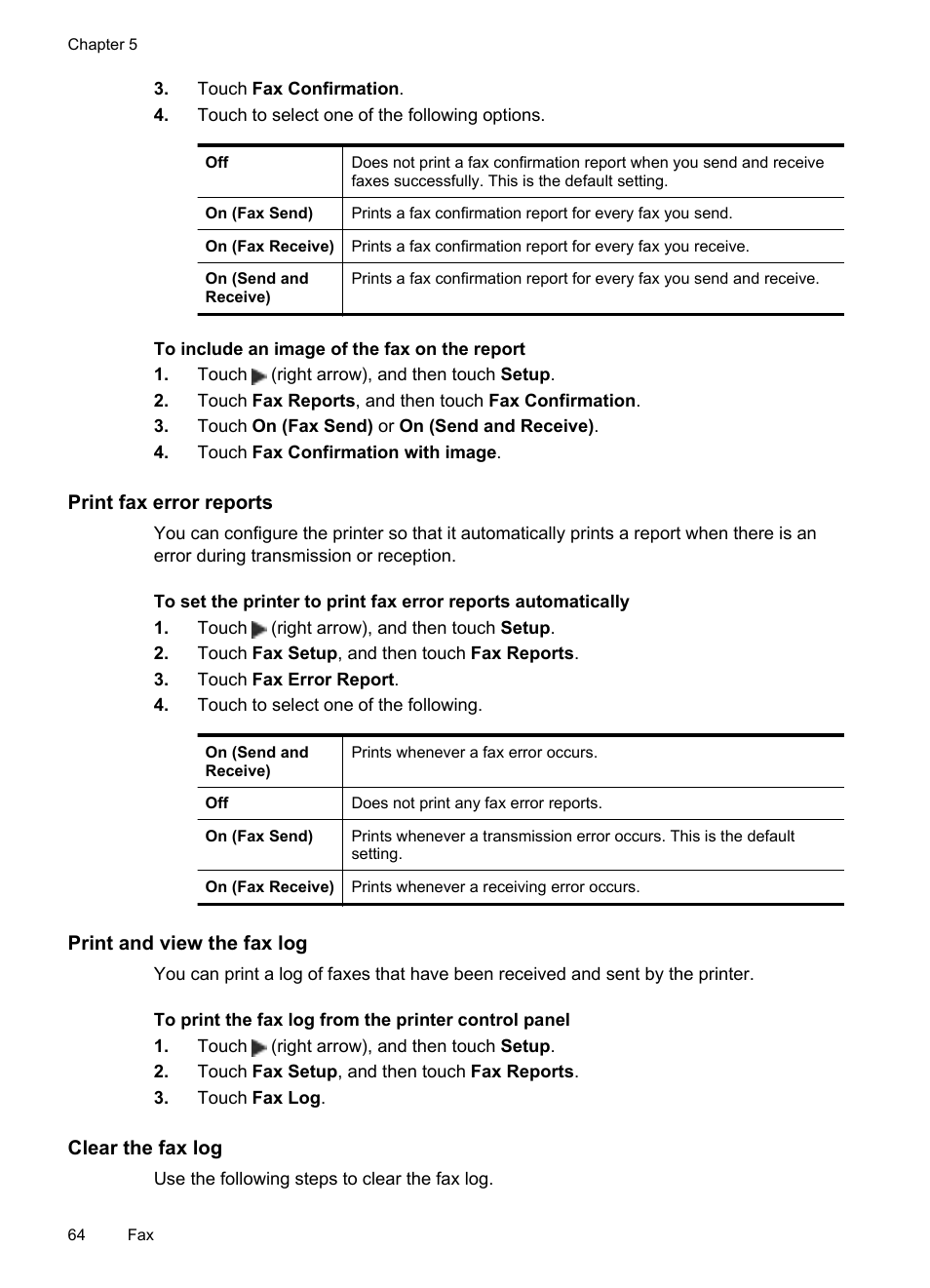 Print fax error reports, Print and view the fax log, Clear the fax log | HP Officejet 6600 e-All-in-One Printer - H711a H711g User Manual | Page 68 / 216