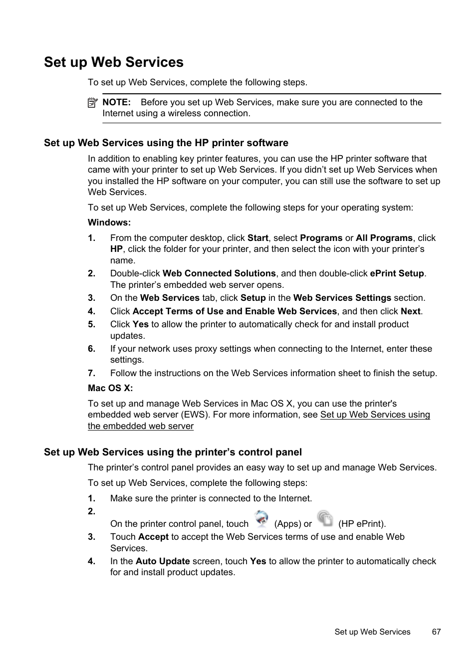 Set up web services, Set up web services using the hp printer software | HP Officejet 6600 e-All-in-One Printer - H711a H711g User Manual | Page 71 / 216