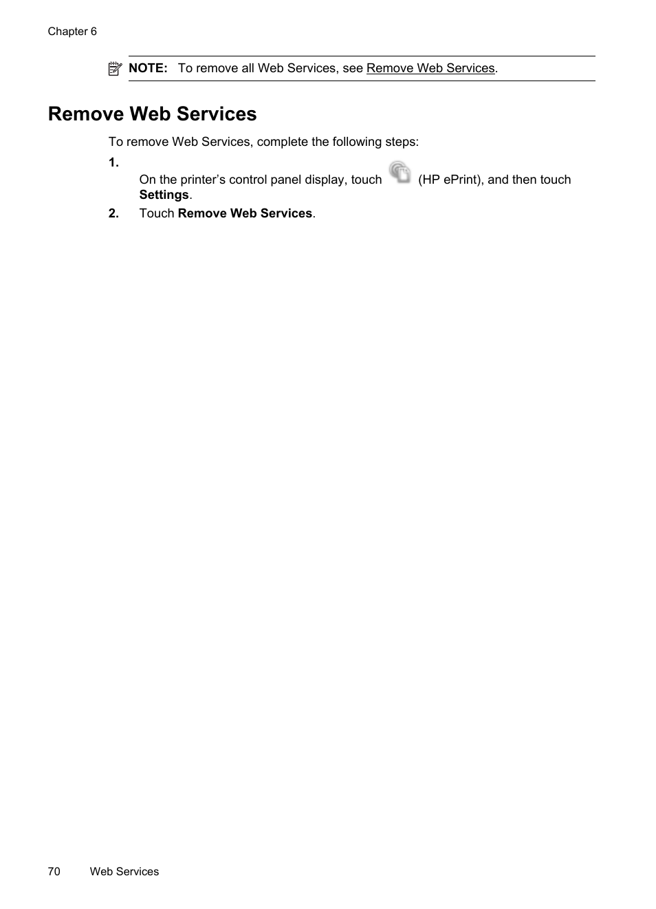 Remove web services | HP Officejet 6600 e-All-in-One Printer - H711a H711g User Manual | Page 74 / 216