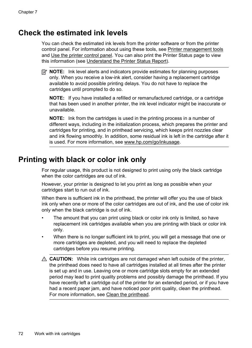 Check the estimated ink levels, Printing with black or color ink only | HP Officejet 6600 e-All-in-One Printer - H711a H711g User Manual | Page 76 / 216