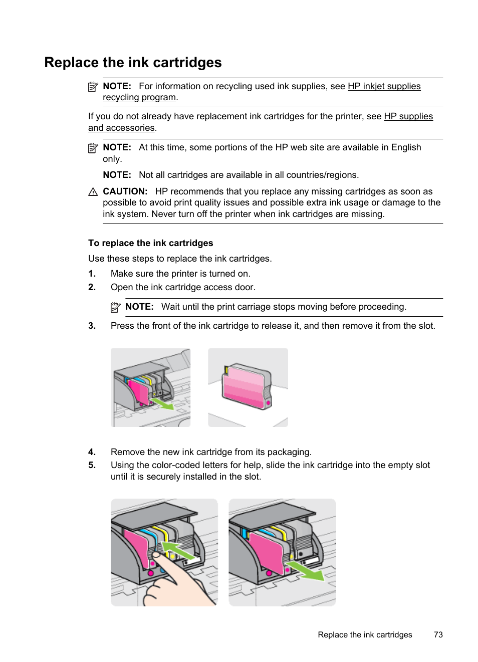 Replace the ink cartridges | HP Officejet 6600 e-All-in-One Printer - H711a H711g User Manual | Page 77 / 216