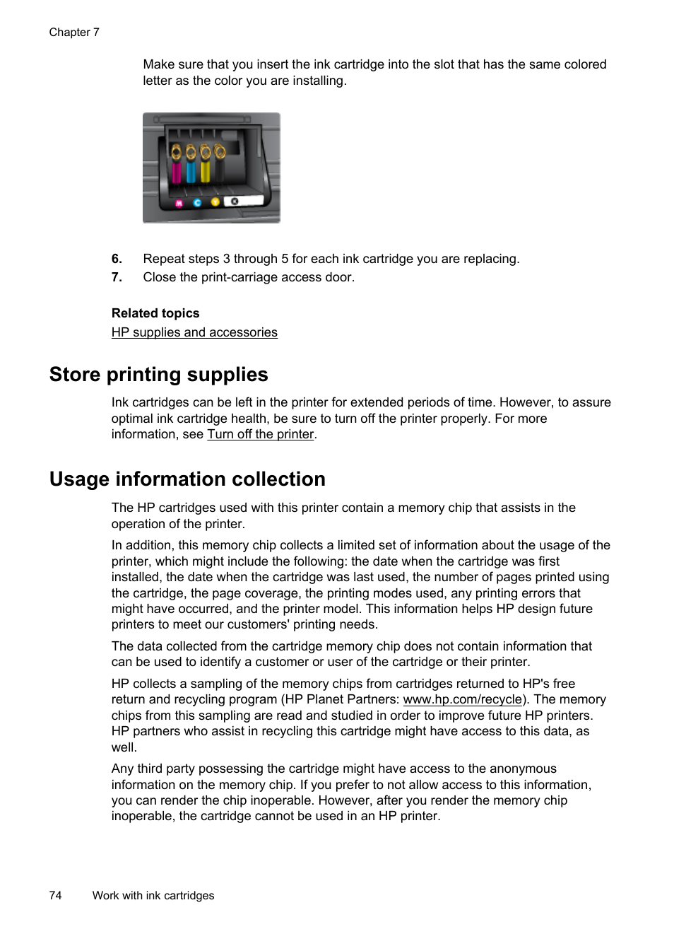 Store printing supplies, Usage information collection | HP Officejet 6600 e-All-in-One Printer - H711a H711g User Manual | Page 78 / 216