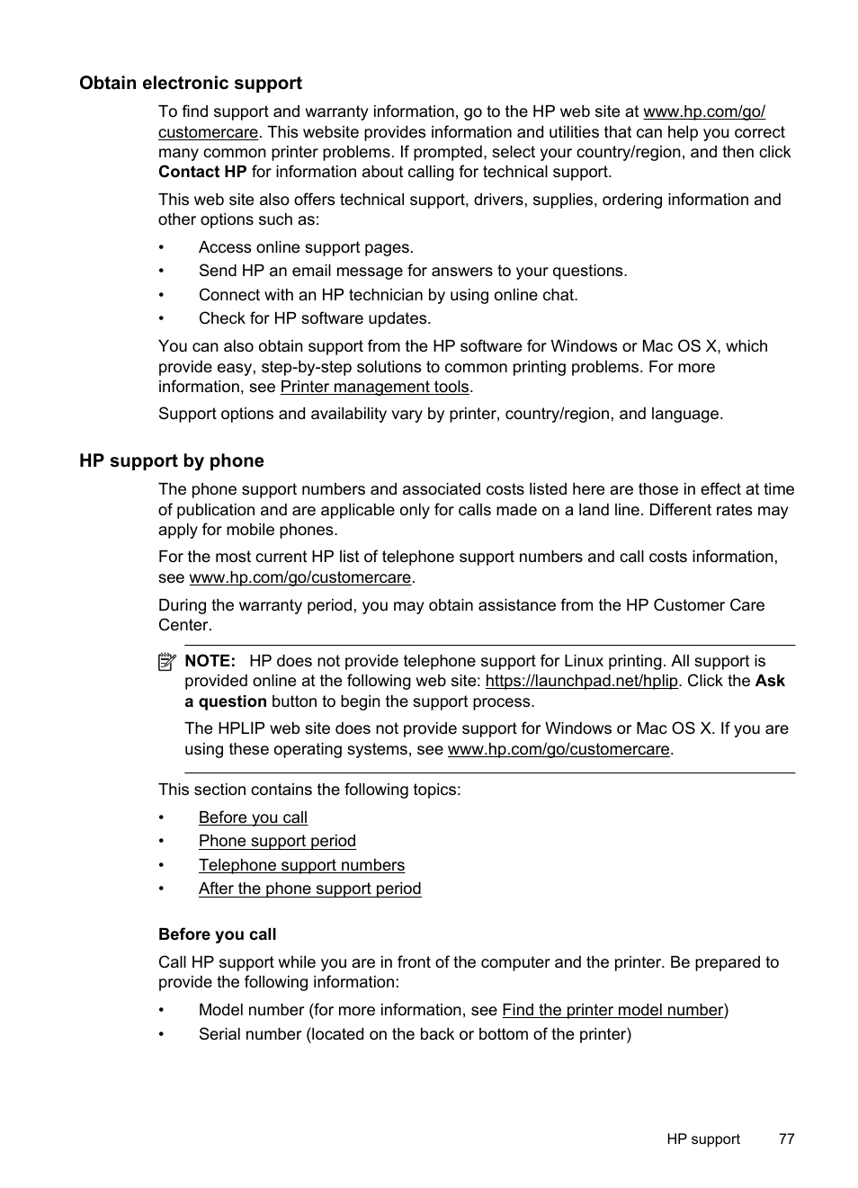 Obtain electronic support, Hp support by phone, Before you call | E hp support by phone | HP Officejet 6600 e-All-in-One Printer - H711a H711g User Manual | Page 81 / 216