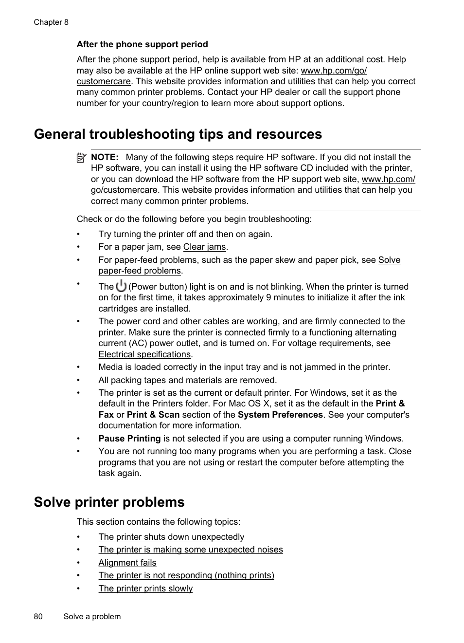 After the phone support period, General troubleshooting tips and resources, Solve printer problems | He printer shuts down unexpectedly, He printer is not responding (nothing prints) | HP Officejet 6600 e-All-in-One Printer - H711a H711g User Manual | Page 84 / 216