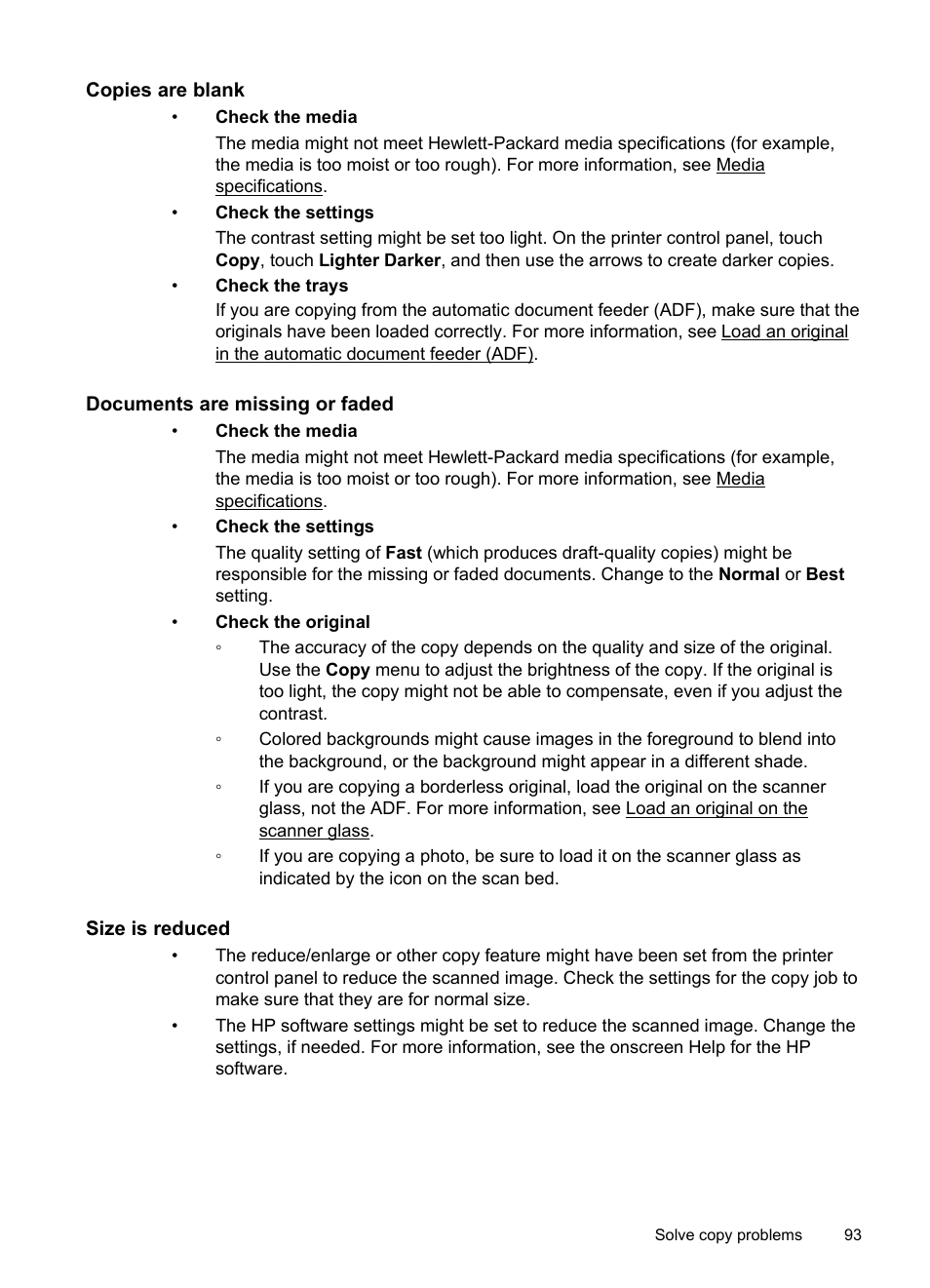 Copies are blank, Documents are missing or faded, Size is reduced | HP Officejet 6600 e-All-in-One Printer - H711a H711g User Manual | Page 97 / 216