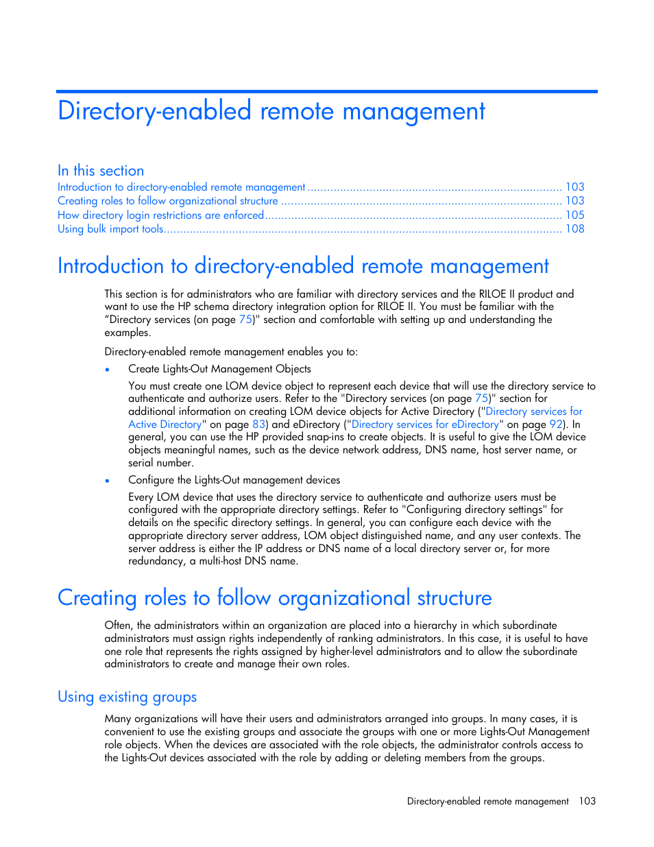 Directory-enabled remote management, Creating roles to follow organizational structure, Using existing groups | Examples are available in the "direct | HP Remote Insight Lights-Out Edition II Board User Manual | Page 103 / 205