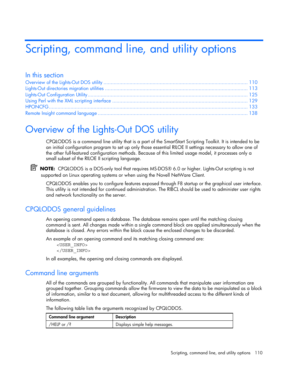 Scripting, command line, and utility options, Overview of the lights-out dos utility, Cpqlodos general guidelines | Command line arguments | HP Remote Insight Lights-Out Edition II Board User Manual | Page 110 / 205