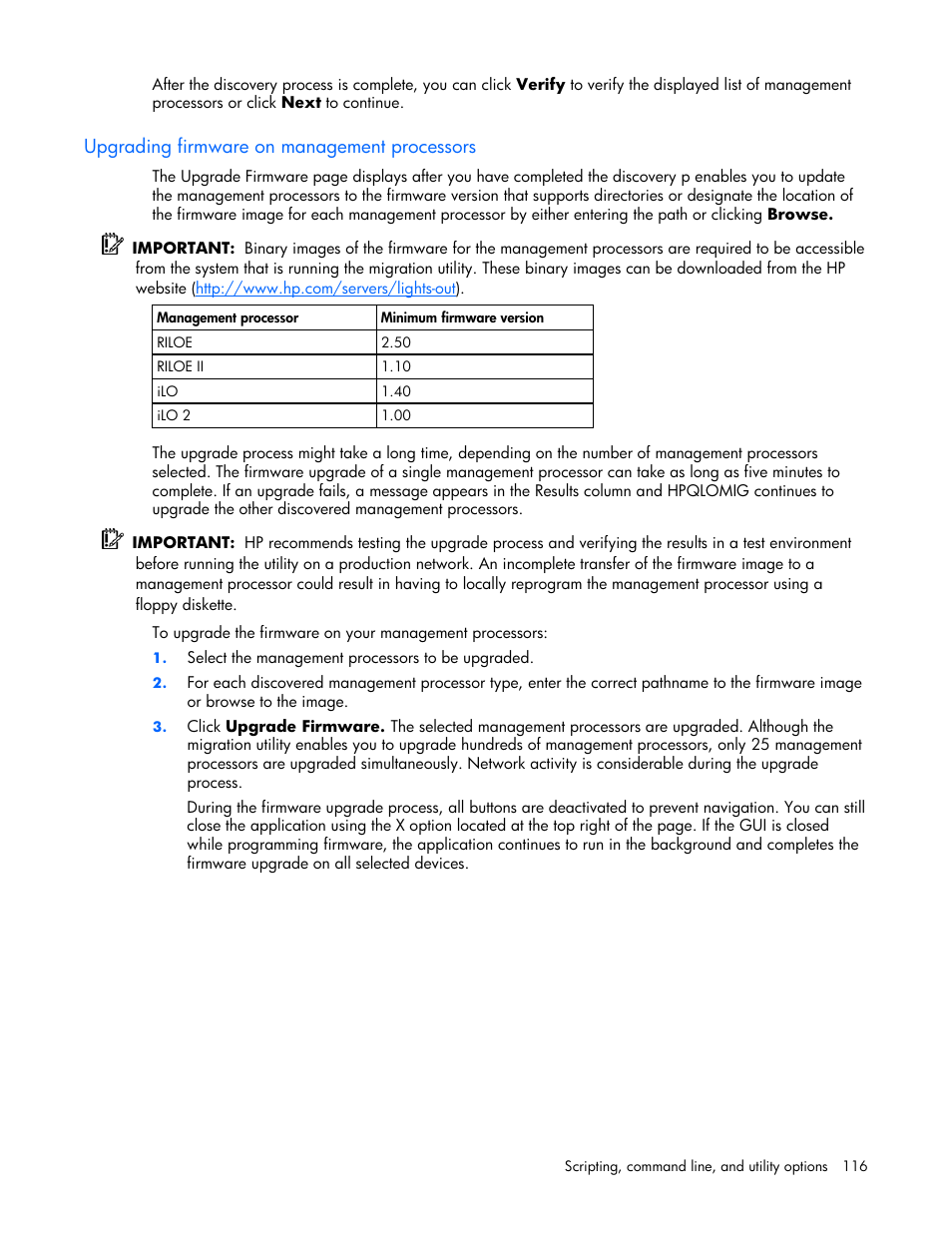 Upgrading firmware on management processors | HP Remote Insight Lights-Out Edition II Board User Manual | Page 116 / 205