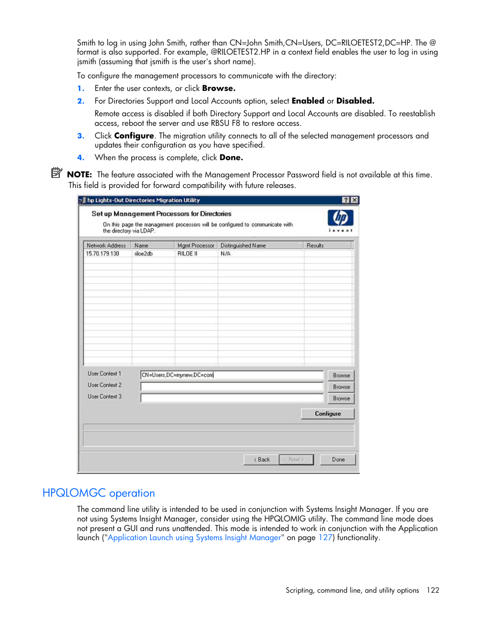 Hpqlomgc operation | HP Remote Insight Lights-Out Edition II Board User Manual | Page 122 / 205
