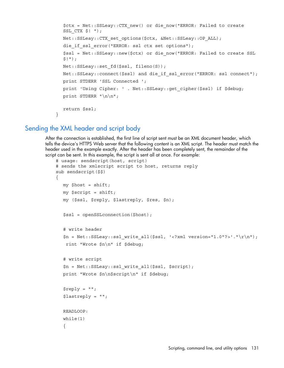 Sending the xml header and script body | HP Remote Insight Lights-Out Edition II Board User Manual | Page 131 / 205