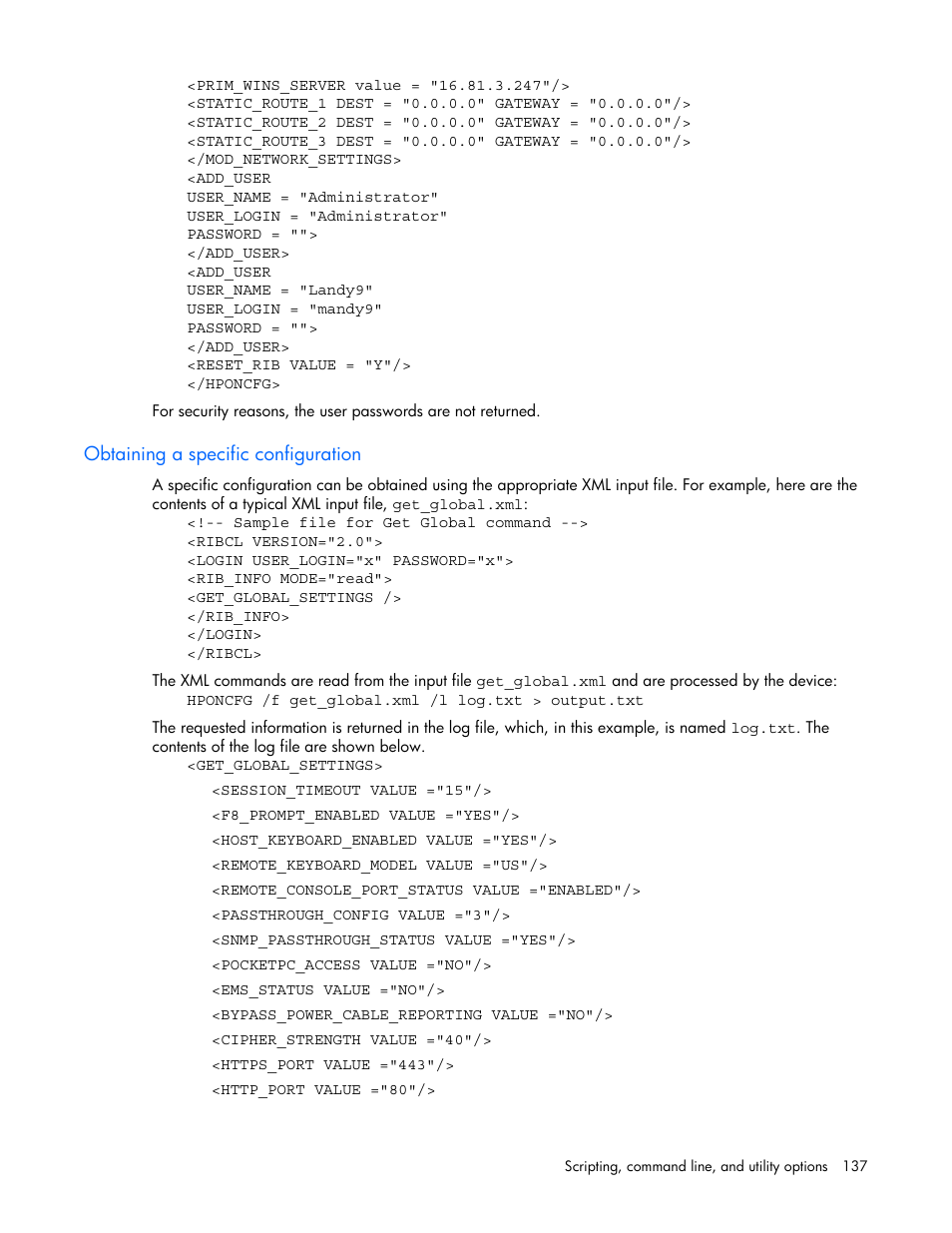 Obtaining a specific configuration | HP Remote Insight Lights-Out Edition II Board User Manual | Page 137 / 205