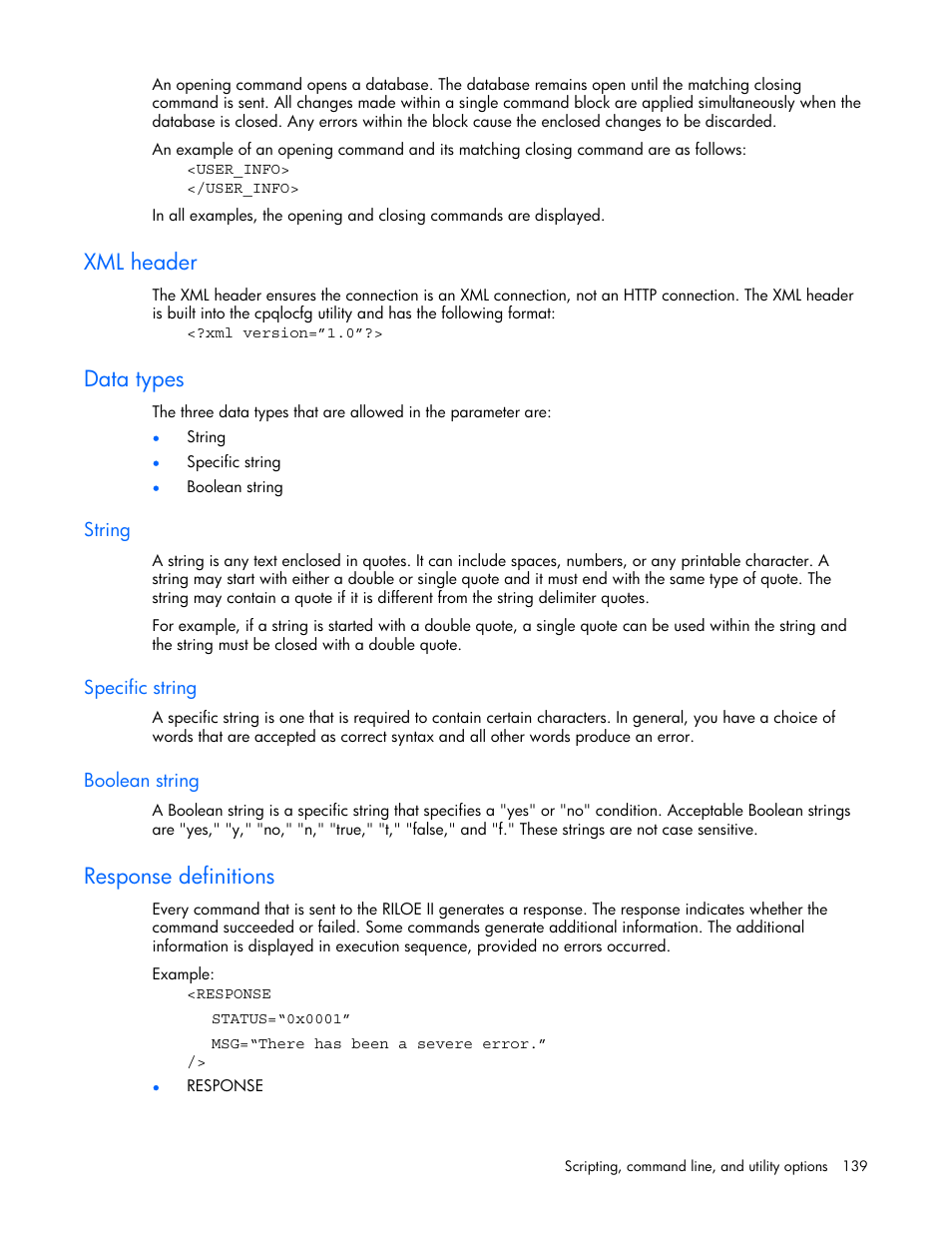 Xml header, Data types, String | Specific string, Boolean string, Response definitions | HP Remote Insight Lights-Out Edition II Board User Manual | Page 139 / 205