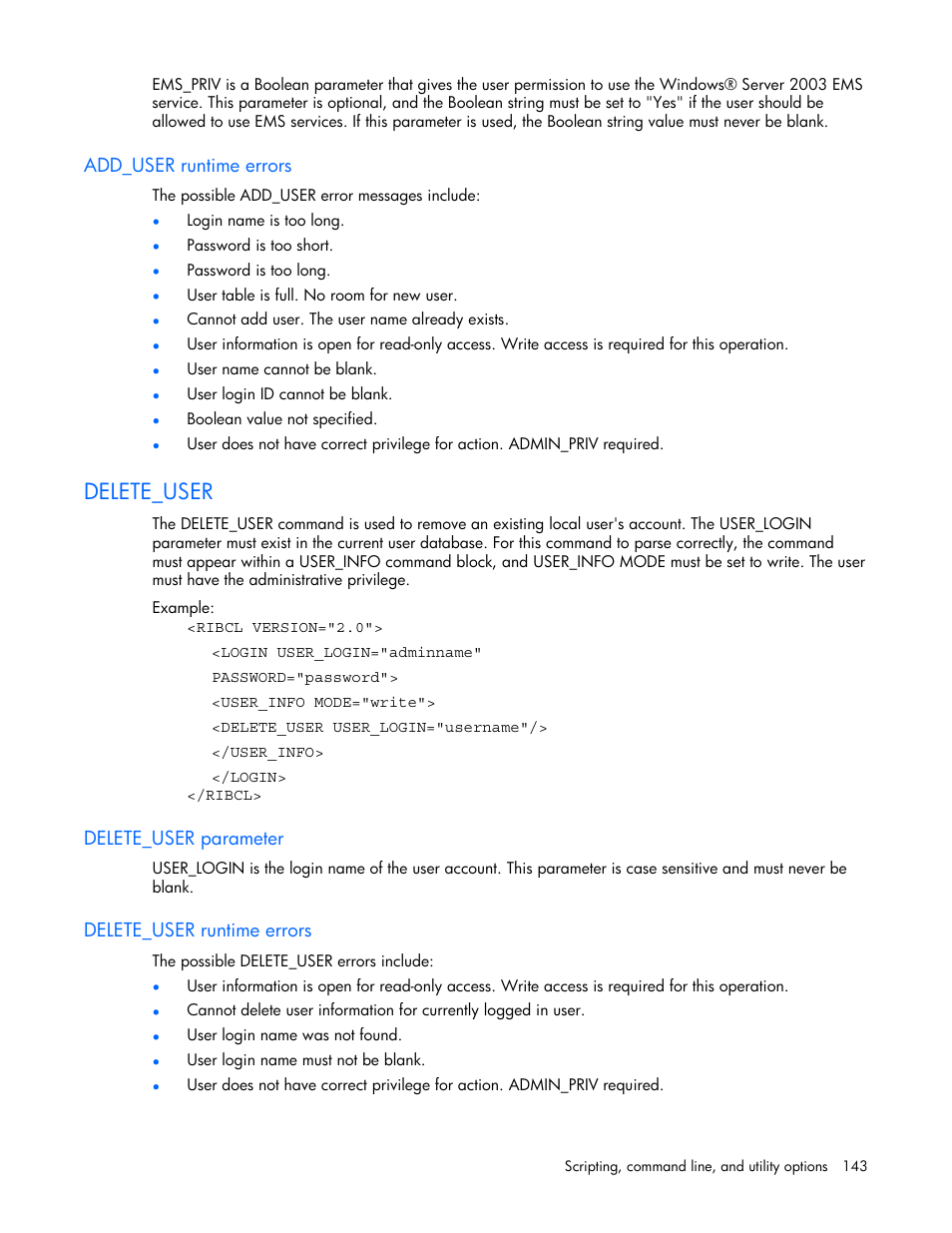 Add_user runtime errors, Delete_user, Delete_user parameter | Delete_user runtime errors | HP Remote Insight Lights-Out Edition II Board User Manual | Page 143 / 205