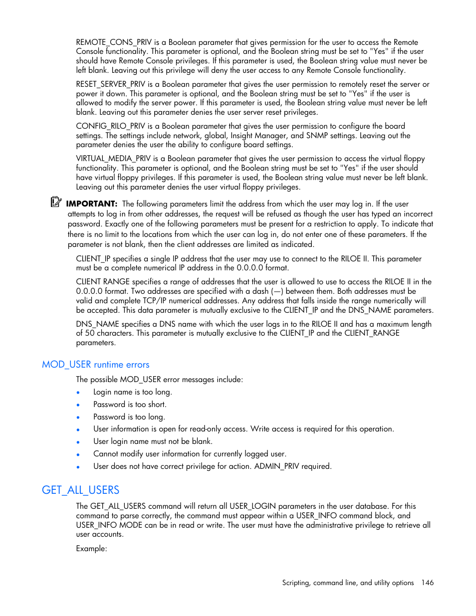 Mod_user runtime errors, Get_all_users | HP Remote Insight Lights-Out Edition II Board User Manual | Page 146 / 205