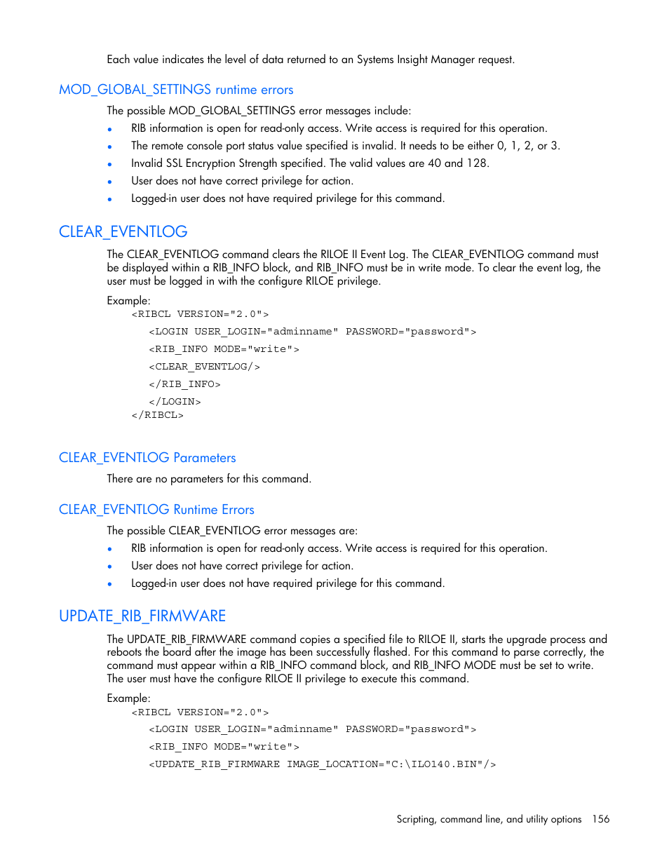 Mod_global_settings runtime errors, Clear_eventlog, Clear_eventlog parameters | Clear_eventlog runtime errors, Update_rib_firmware | HP Remote Insight Lights-Out Edition II Board User Manual | Page 156 / 205