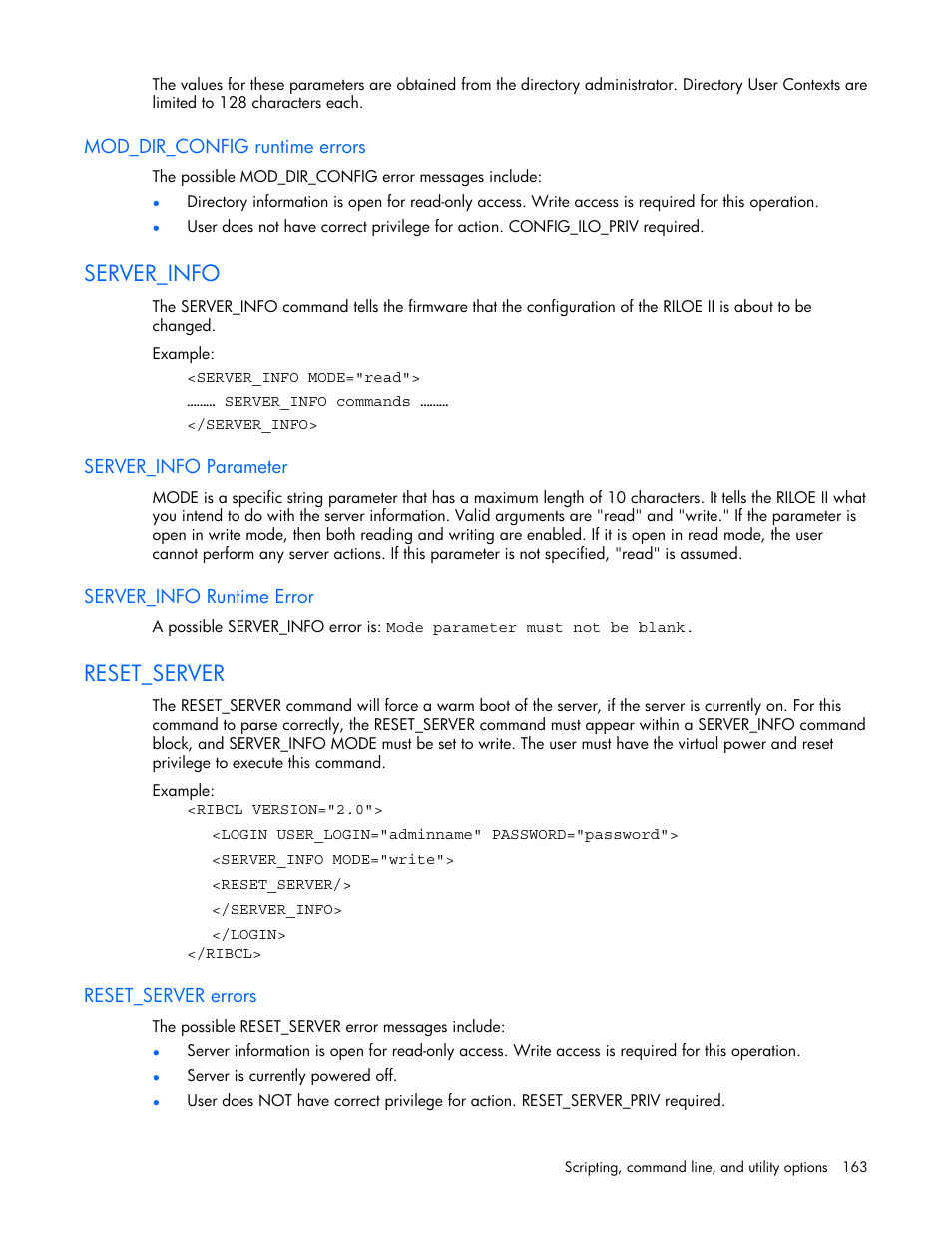 Mod_dir_config runtime errors, Server_info, Server_info parameter | Server_info runtime error, Reset_server, Reset_server errors | HP Remote Insight Lights-Out Edition II Board User Manual | Page 163 / 205