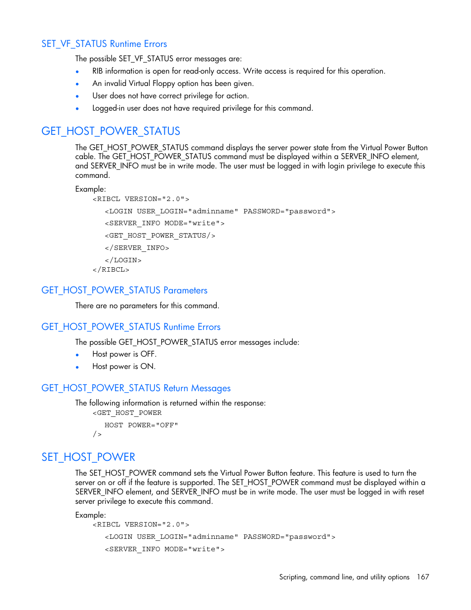 Set_vf_status runtime errors, Get_host_power_status, Get_host_power_status parameters | Get_host_power_status runtime errors, Get_host_power_status return messages, Set_host_power | HP Remote Insight Lights-Out Edition II Board User Manual | Page 167 / 205