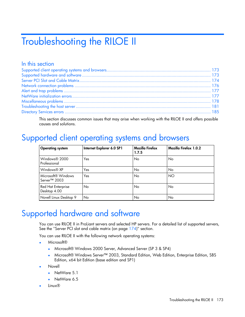 Troubleshooting the riloe ii, Supported client operating systems and browsers, Supported hardware and software | HP Remote Insight Lights-Out Edition II Board User Manual | Page 173 / 205