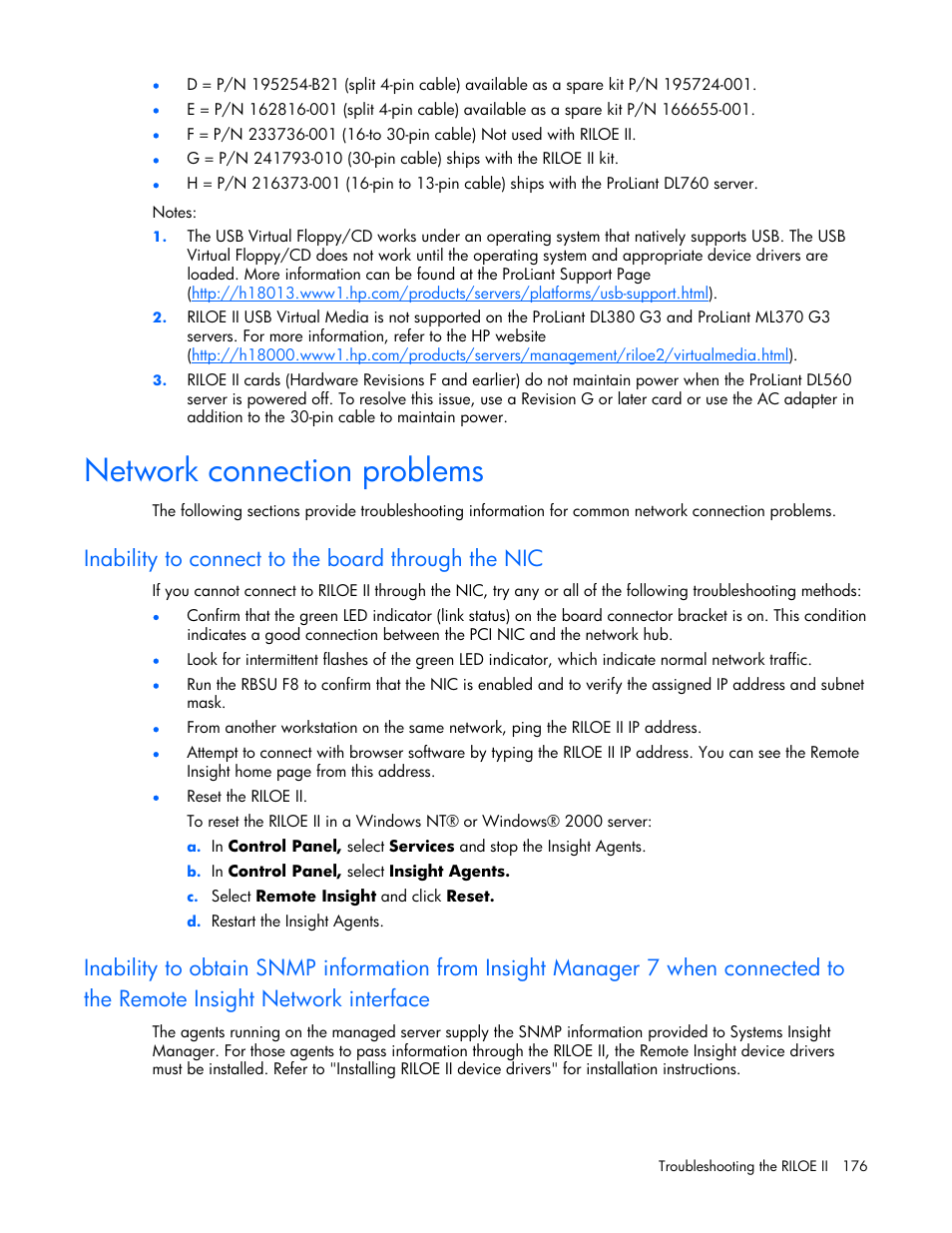 Network connection problems, Inability to connect to the board through the nic, Network interface | HP Remote Insight Lights-Out Edition II Board User Manual | Page 176 / 205