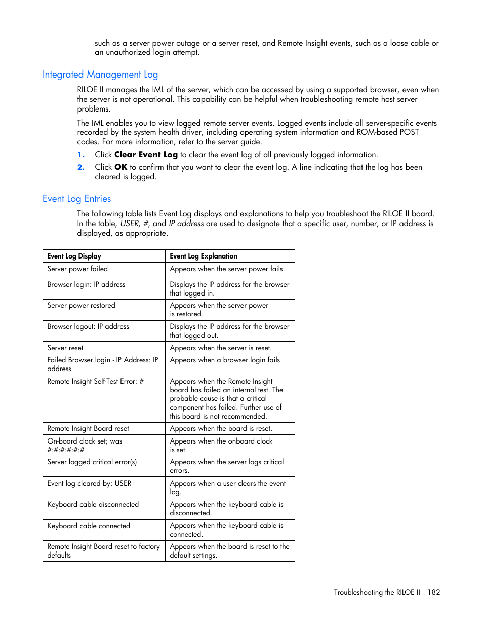 Integrated management log, Event log entries, Is an | HP Remote Insight Lights-Out Edition II Board User Manual | Page 182 / 205