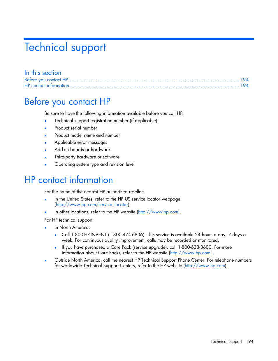 Technical support, Before you contact hp, Hp contact information | HP Remote Insight Lights-Out Edition II Board User Manual | Page 194 / 205