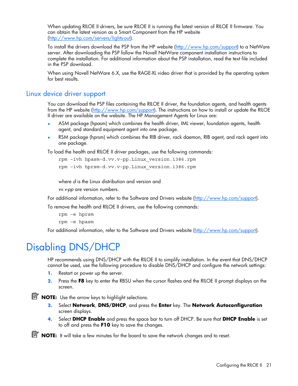 Linux device driver support, Disabling dns/dhcp | HP Remote Insight Lights-Out Edition II Board User Manual | Page 21 / 205