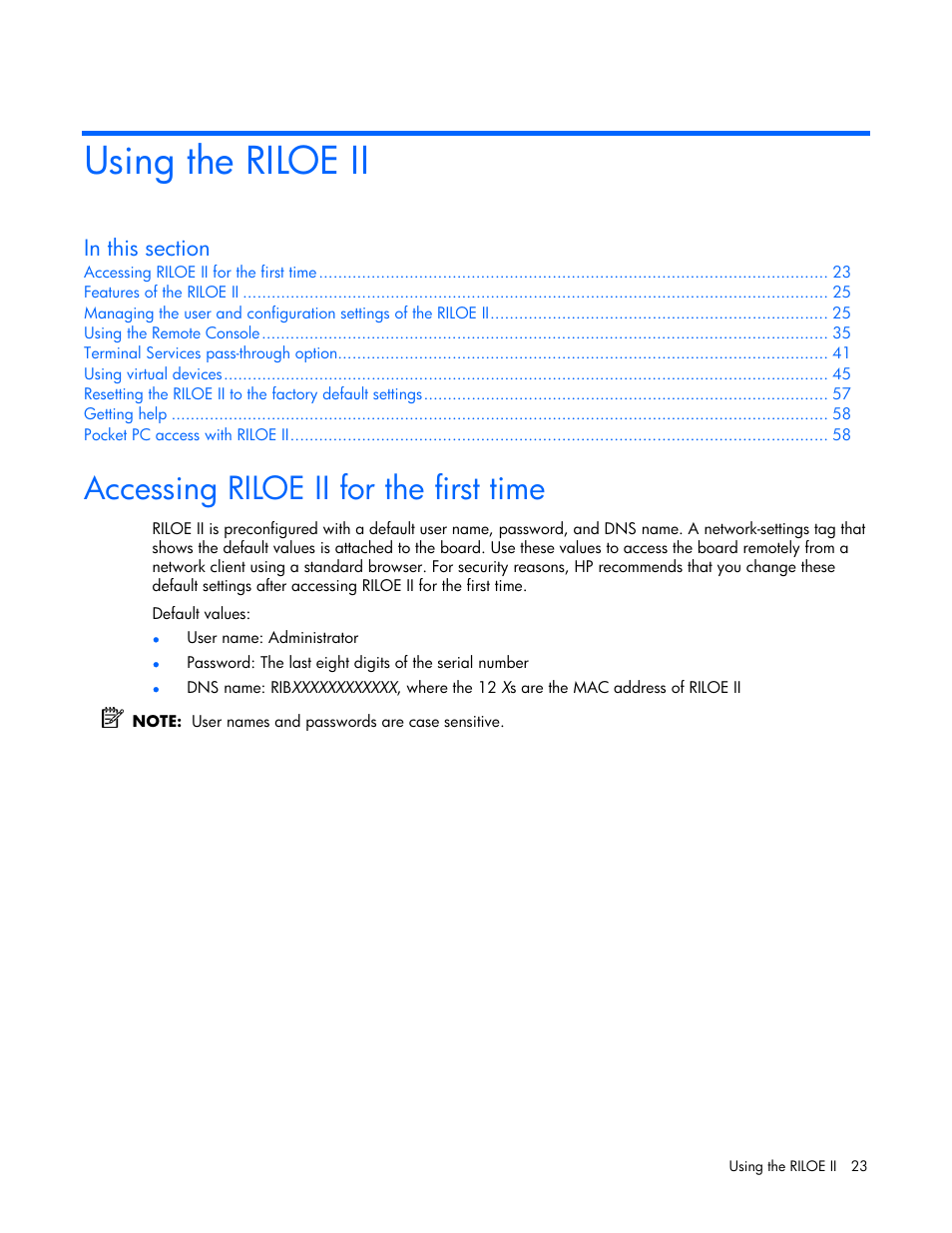 Using the riloe ii, Accessing riloe ii for the first time | HP Remote Insight Lights-Out Edition II Board User Manual | Page 23 / 205