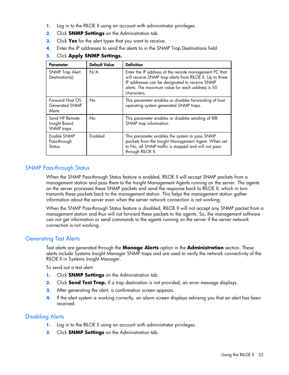 Snmp pass-through status, Generating test alerts, Disabling alerts | HP Remote Insight Lights-Out Edition II Board User Manual | Page 32 / 205