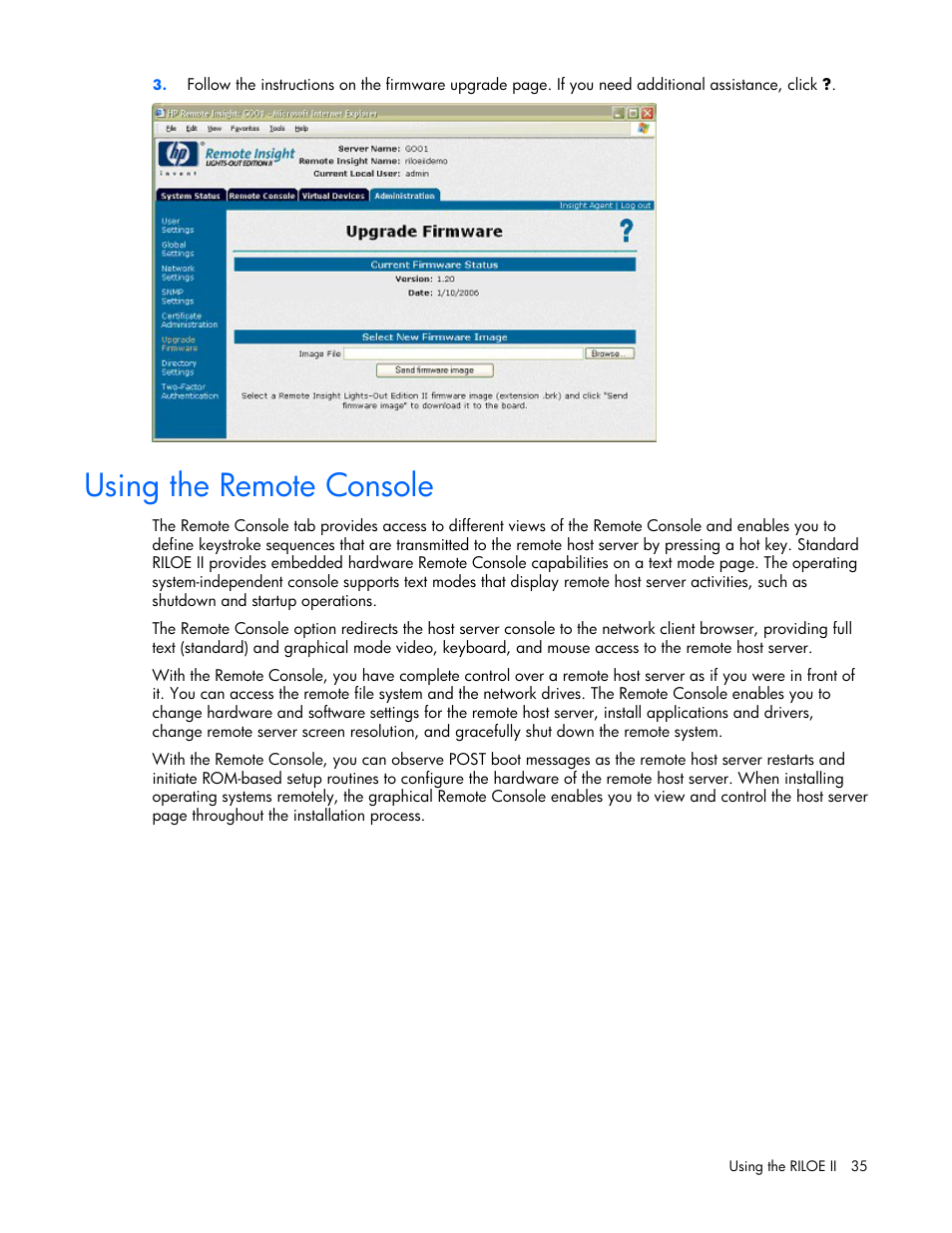 Using the remote console | HP Remote Insight Lights-Out Edition II Board User Manual | Page 35 / 205