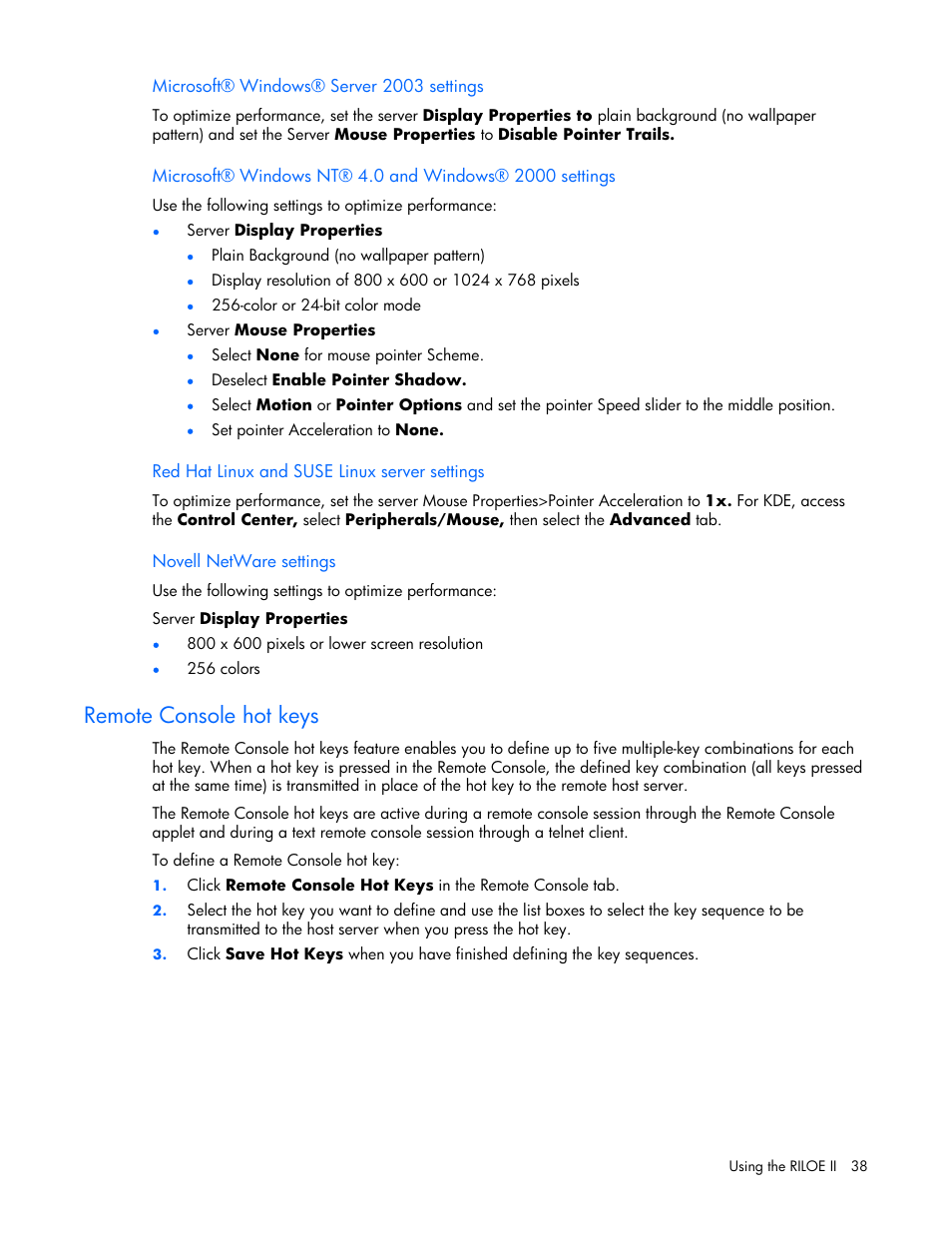 Remote console hot keys | HP Remote Insight Lights-Out Edition II Board User Manual | Page 38 / 205