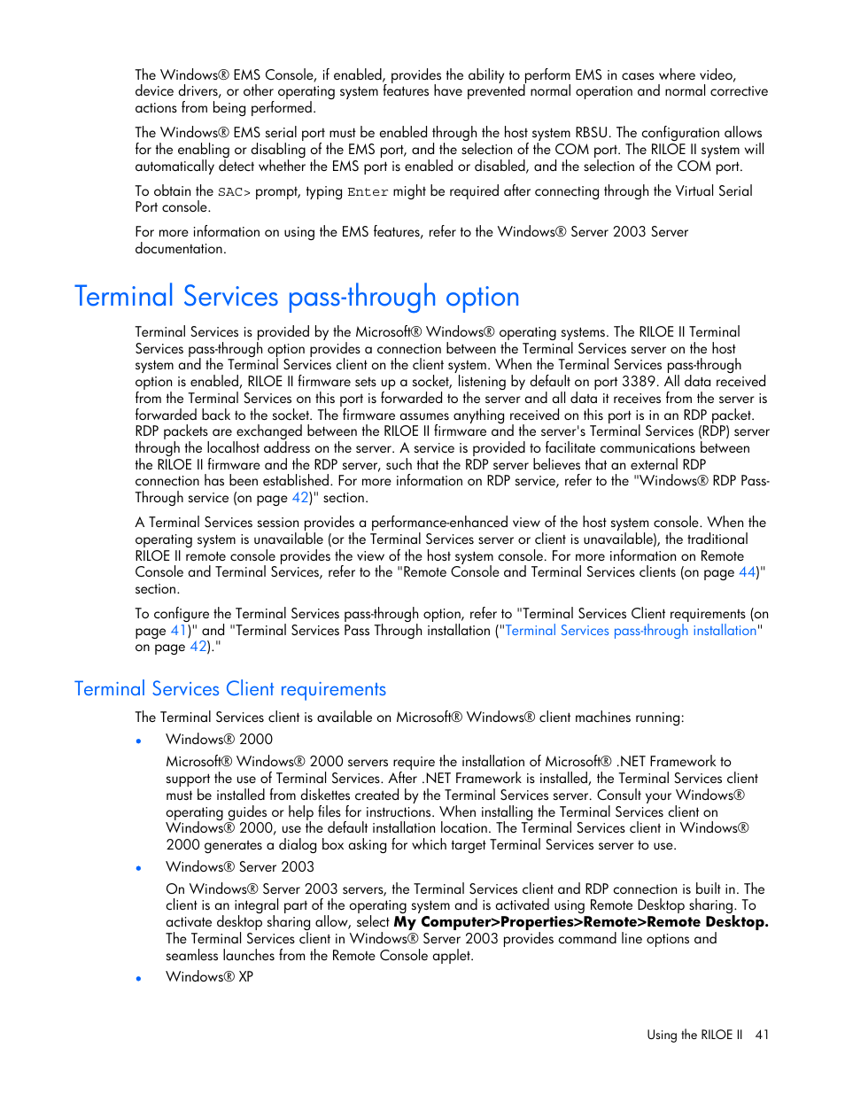 Terminal services pass-through option, Terminal services client requirements | HP Remote Insight Lights-Out Edition II Board User Manual | Page 41 / 205