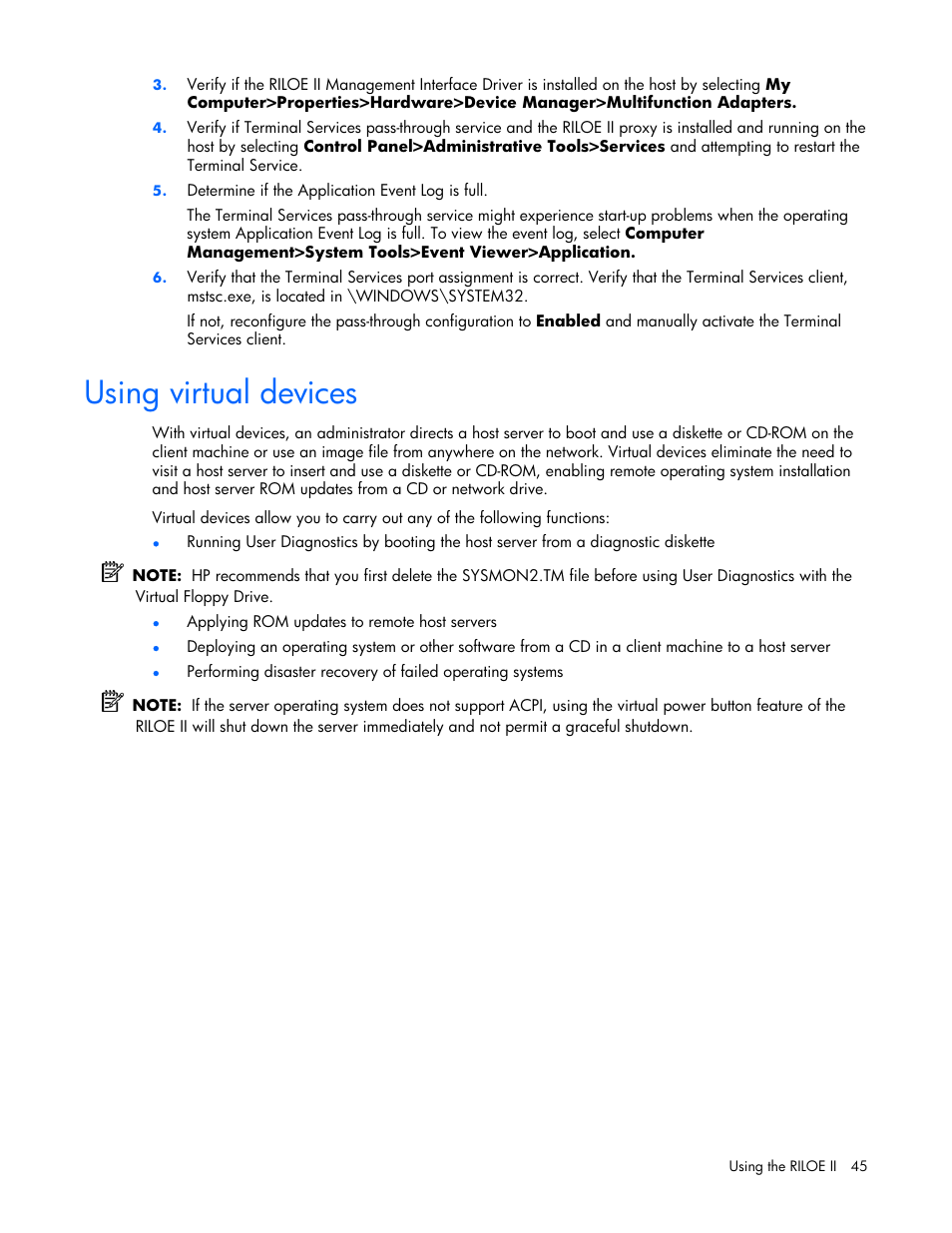 Using virtual devices | HP Remote Insight Lights-Out Edition II Board User Manual | Page 45 / 205